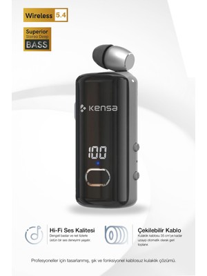 Kensa Bluetooth Makaralı Kulaklık | 12 Saat Konuşma | Dijital Ekran | Titreşimli | Yüksek Kalite Ses