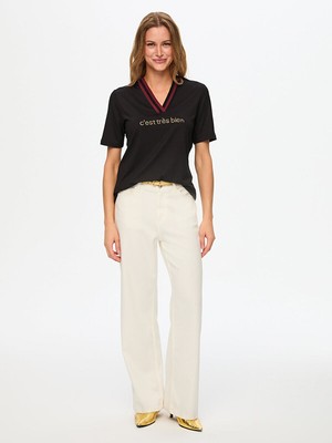 Faik Sönmez Renkli Triko Yakalı Sloganlı T-Shırt W26TSH055