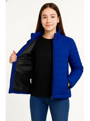 Kız Çocuk Şişme Mont Hafif ve Sıcak Tutucu Kışlık Fermuarlı Su Itici Rahat Günlük Mont Kapüşonuz Modern Tasarım - Saks Mavisi