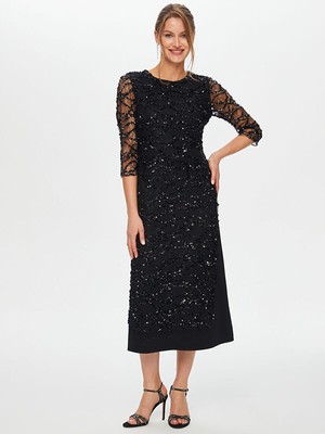 Faik Sönmez Payetli Dantel Garnili 3/4 Kol Abiye Elbise S26ABY002