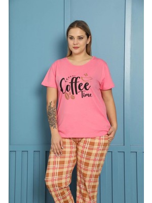 Marsilyan- Kadın %100 Pamuk Kısa Kol Büyük Beden Pijama Takım Pembe