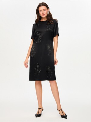 Faik Sönmez Taş Detaylı Yuvarlak Yaka Saten Abiye Elbise S26ABY007