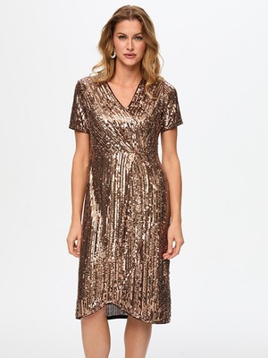 Faik Sönmez V Yaka Kısa Kol Payetli Abiye Elbise S26ABY010