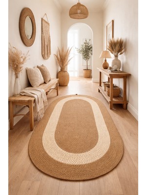Halımax Salda JUT07 Hasır Çift Taraflı Yıkanabilir Jüt Kilim Mutfak Banyo Koridor Halısı Oval Jüt Halı