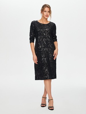 Faik Sönmez Payetli Yuvarlak Yaka 3/4 Kol Abiye Elbise S26ABY008