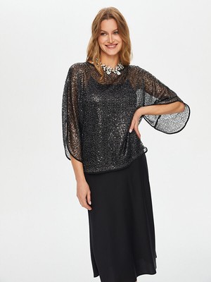 Faik Sönmez Kolu Yırtmaç Detaylı Payet Abiye Bluz S26BLZ039