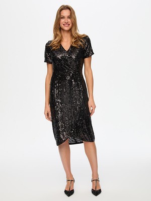 Faik Sönmez V Yaka Kısa Kol Payetli Abiye Elbise S26ABY010