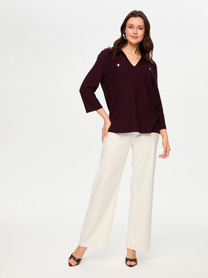 Faik Sönmez Kontrast Cep Detaylı 3/4 Kol Örme Bluz S26BLZ020