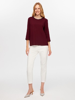 Faik Sönmez Yakası Taş Detaylı Yuvarlak Yaka 3/4 Kol T-Shırt W26TSH072