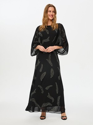 Faik Sönmez Taş Baskı Detaylı 3/4 Kol Şifon Uzun Abiye Elbise S26ABY017