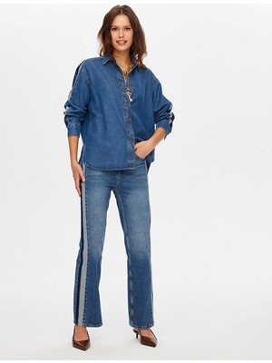 Faik Sönmez Kontrast Bant Detaylı Wıde Leg Fıt Jean Pantolon W26JPN004