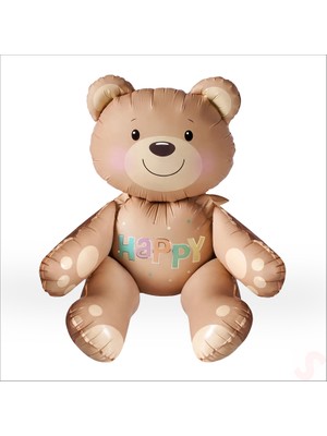 Süsle Bebek ve Parti Oturan Ayıcık Folyo Balon, 54 cm x 51 cm - Karamel