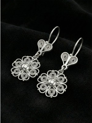 Roza Silver 925 Ayar Geleneksel Telkari Elişi Sanatı Gümüş Çiçek Motifli Sallantılı Küpe