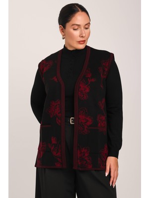 uludağ triko Kadın Siyah Bordo Çiçek Desenli Cepli Düğmeli Triko Örme Anne Yelek