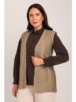 uludağ triko Kadın Kum Dantel Desenli Işlemeli Merserize Triko Anne Yelek