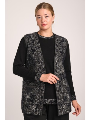 uludağ triko Kadın Siyah Tüylü ve Cepli Kolsuz Triko Örme Anne Yelek