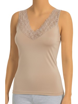 Öts Kadın Atlet Kalın Askılı Dantel V Yaka (%90 Viskon - %10 Elastan)