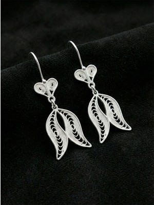 Roza Silver 925 Ayar Geleneksel Telkari Elişi Sanatı Gümüş Lale Motifli Sallantılı Küpe