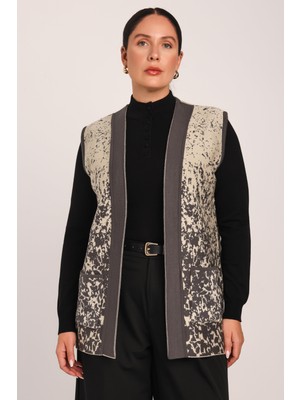 uludağ triko Kadın Füme Taş Karyağdı Desenli Cepli Triko Örme Anne Yelek