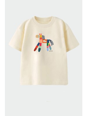 Monila Unisex Çocuk Pamuklu Bisiklet Yaka Baskılı T-Shirt