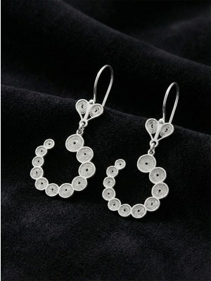 Roza Silver 925 Ayar Elişi Telkari Gümüş Spiral Desenli Halka Sallantılı Küpe