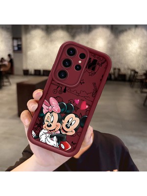 Ucuc Samsung Galaxy S23 Ultra Uyumlu Darbe Koruma Lens Koruma Bordo Silikon Kılıf Mickey Mouse Deseni