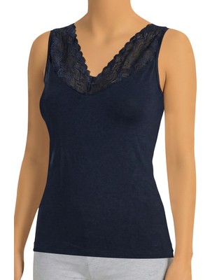 Öts Kadın Atlet Kalın Askılı Dantel V Yaka (%90 Viskon - %10 Elastan)