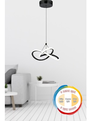 PremiumPort Modern Siyah 3 Renk Işıklı Power Ledli Salon ve Mutfak Avizesi