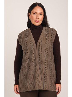 uludağ triko Kadın Kahverengi Dantel Desenli Işlemeli Merserize Triko Anne Yelek