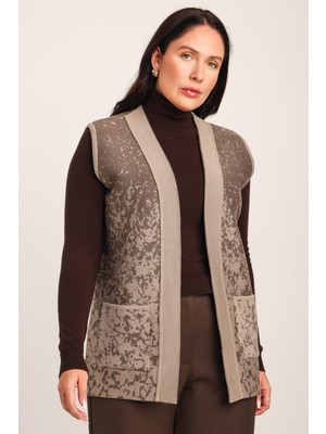 uludağ triko Kadın Kum Kahve Karyağdı Desenli Cepli Triko Örme Anne Yelek