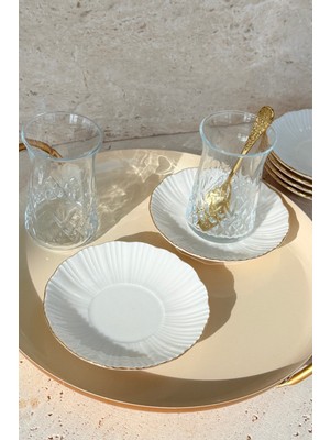 PremiumPort 6'lı Aura Gold Porselen Çay Tabağı Takımı, Altın Kenar, Inci Detaylar