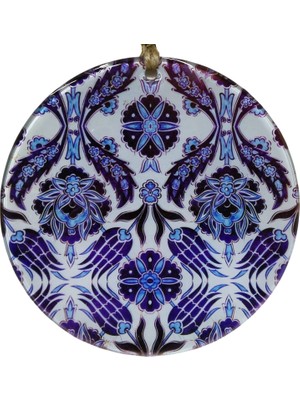 Mixperi Geleneksel Çini Desenli Cam Duvar Süsü - Mavi Lale ve Karanfil Motifli Yuvarlak Dekoratif Duvar Süsü