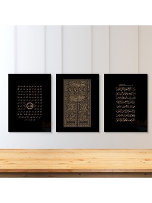 Artarilion Dikey 3'lü Kanvas Tablo Seti Esma-Ül Hüsna Kabe Kapısı Ayetel Kürsi Dini Manevi Islami Tablo Siyah