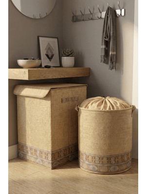 Luxway Home Etnik Jüt Büyük Kutu ve 1 Adet Etnik Bohem Jüt Fileli Saklama Çamaşır Sepeti
