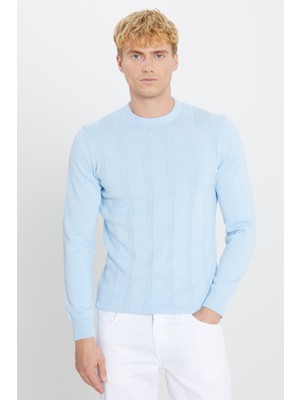 %100 Pamuk Standart Fit Normal Kesim Bisiklet Yaka Jakarlı Triko Kazak