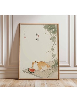 Ninastore Sevimli Kedi Karpuz Duvar Sanatı Japon Tarzı Poster Neşeli Evcil Hayvan Baskısı Minimalist Hayvan Sa