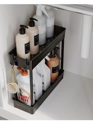 Mutfak Köşesi Rafata Çok Amaçlı 2 Katlı Evye Altı Düzenleyici Askılı Banyo Dolap Içi Organizeri Rafı Standı
