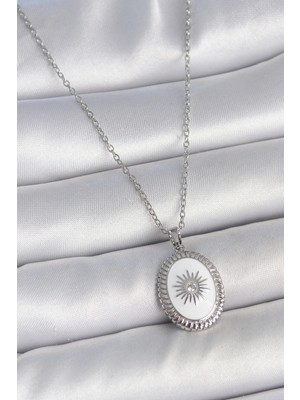 Shopwave 316L Çelik Gümüş Renk Beyaz Mineli Güneş Işlemeli Nazar Boncuk Detay Madalyon Model
