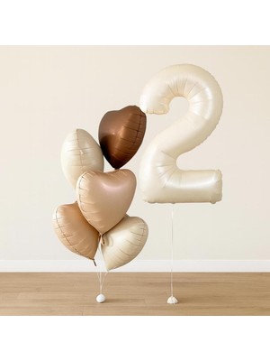 Balonsan -2- Yaş Retro Bej Rakam Folyo Balonlu Kalpli Doğum Günü Seti