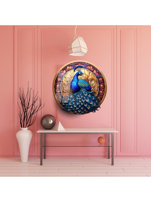 Glitglass Yuvarlak Cam Tablo - Renklerin Dansı: Zarif Tavus Kuşu Işıltısı