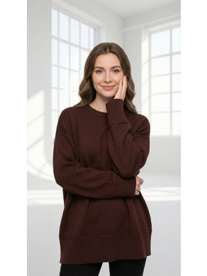 Wearified Kadın Triko Yumuşacık Oversize Bisiklet Yaka Ribana Saç Örgü Detaylı Homy Kazak