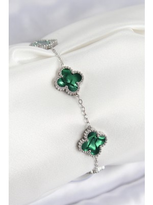 Net Damla 316L Çelik Sedefli Zümrüt Yeşil Gümüş Renk Yonca Kadın Bileklik