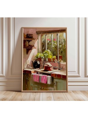 Ninastore Rustik Mutfak Penceresi Sanat Baskısı | Empresyonist Yağlı Boya Tablo Posteri | Çiftlik Evi Duvar Sa