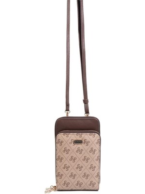 Silver & Polo SP1011 Kadın Telefon Çantası Monogram Koyu Bej-Kahve