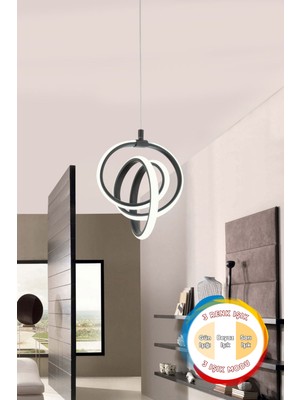 PremiumPort Siyah 3 Renk Işıklı Power Ledli Modern Salon ve Mutfak Avizesi