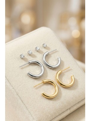 Aurrari Gold ve Silver Çift Halka Küpeler ve 4 Adet Zirkon Taşlı Küpe