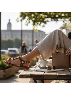 Ne&Ve Shoes Süet Hakiki Deri Taş ve Trok Detaylı Parmak Arası Arkadan Tokalı Sandalet