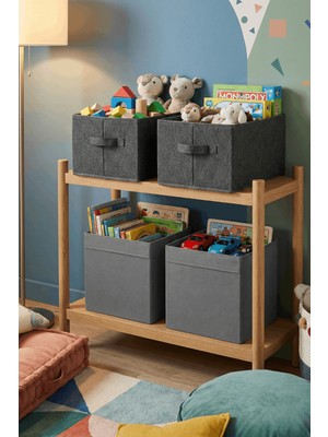 HomyJRs Homyjr’s Kulplu Kumaş Saklama Kutusu Organizer Seti - Oyuncak & Kitap Düzenleyici (Gri/antrasit)