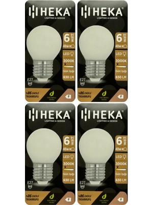 (4 Adet) Heka 6W (48W) 3000K (Sarı Işık) E27 Duylu Soft LED G45 Ampul