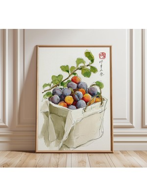 Ninastore Japon Meyve Sanatı Baskısı Suluboya Natürmort Poster Erik ve Kayısı Tablosu Minimalist Asya Tarzı Mu